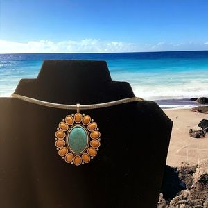 Sterling Silver Southwest Necklace & Turquoise & Spiney Oyster Stones Pendant